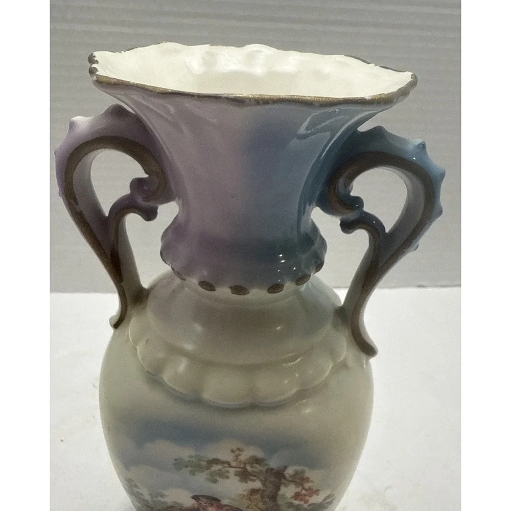 Vtg Czechoslovakian Porcelain Vase W/ Hand-Painted Courting Scene-Double Handles